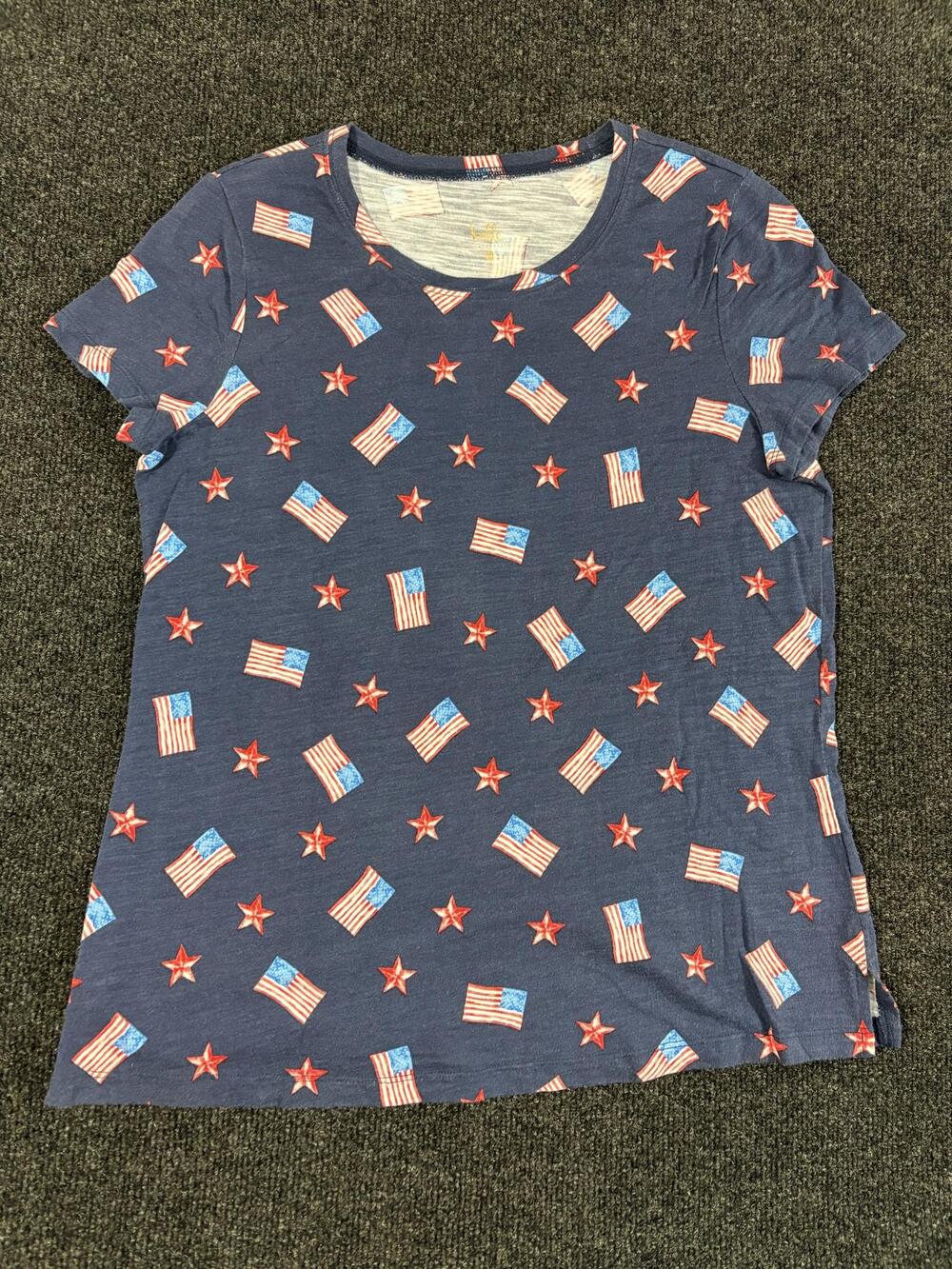 Belle By Kim Gravel Shirt Womens S Blue Patriotic Flag Star Print Short Sleeve